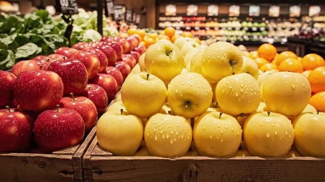 Fresh fruits on display in a grocery store with apples and oranges