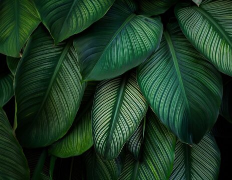closeup tropical green leaves texture and dark tone process abstract nature pattern background