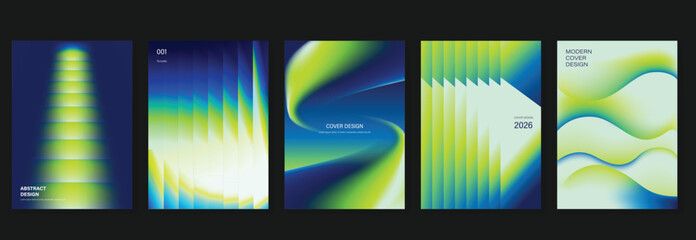 Fototapeta na wymiar Neon geometric poster vector set. Purple blue gradient cover templates with futuristic 3D shapes for social media, flyer and event design.