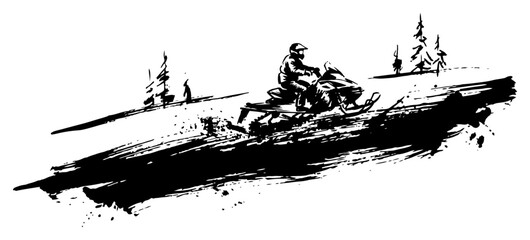 Obraz premium Snowmobile rider driving through winter forest landscape in hand drawn ink sketch style