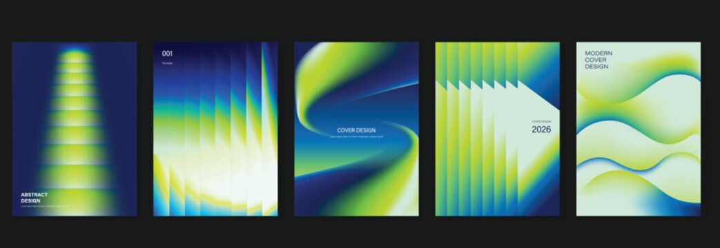 Neon geometric poster vector set. Purple blue gradient cover templates with futuristic 3D shapes for social media, flyer and event design.