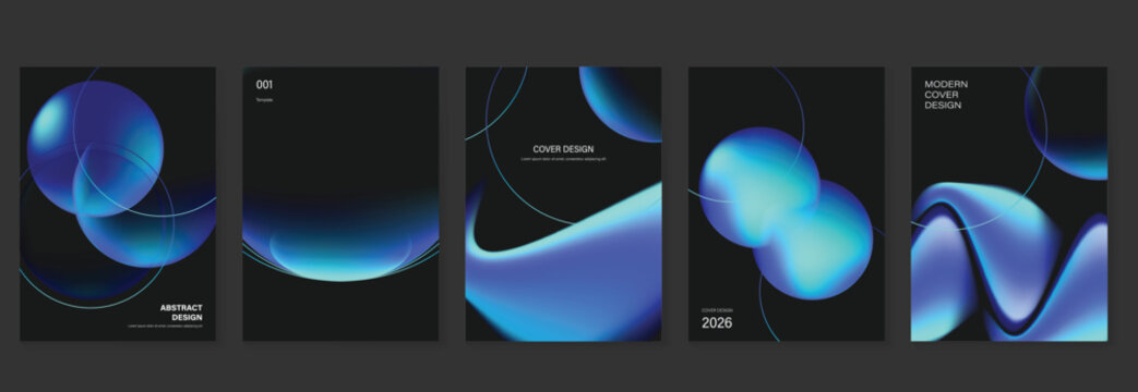 Blue gradient cover templates vector set. Abstract dark poster designs with glowing stripes, concentric rings and 3D spheres for flyer, brochure and presentation layout.