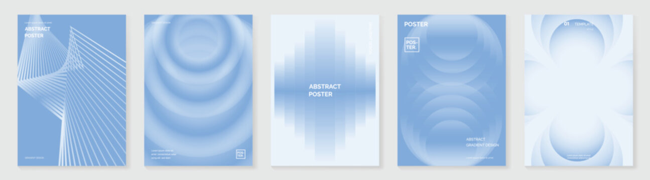 Blue gradient cover templates vector set. Abstract dark poster designs with glowing stripes, concentric rings and 3D spheres for flyer, brochure and presentation layout.