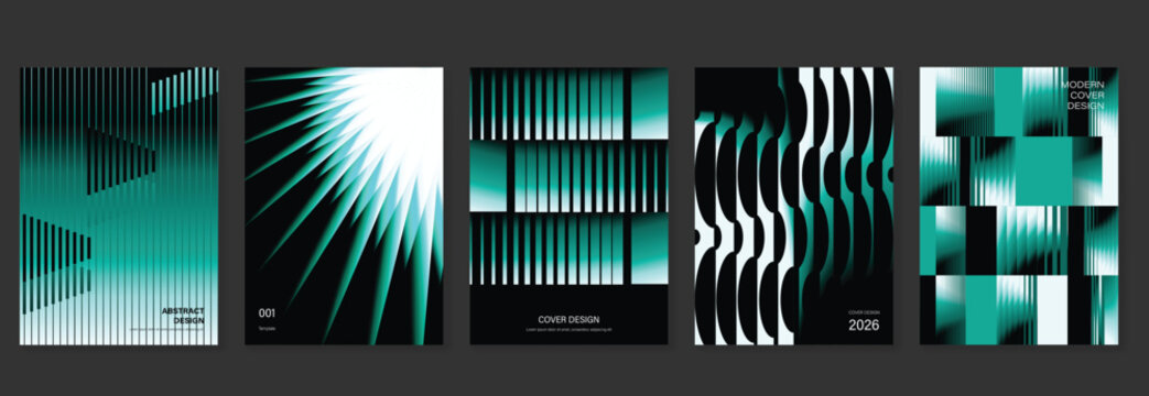 
Abstract gradient poster vector set. Cyan teal blue geometric cover templates with folded shapes, striped light effects and modern minimal layouts.
