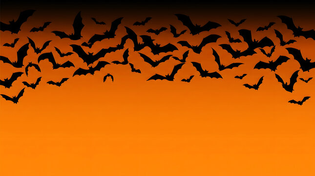 Silhouettes of numerous black bats flying across a vibrant orange to black gradient background
