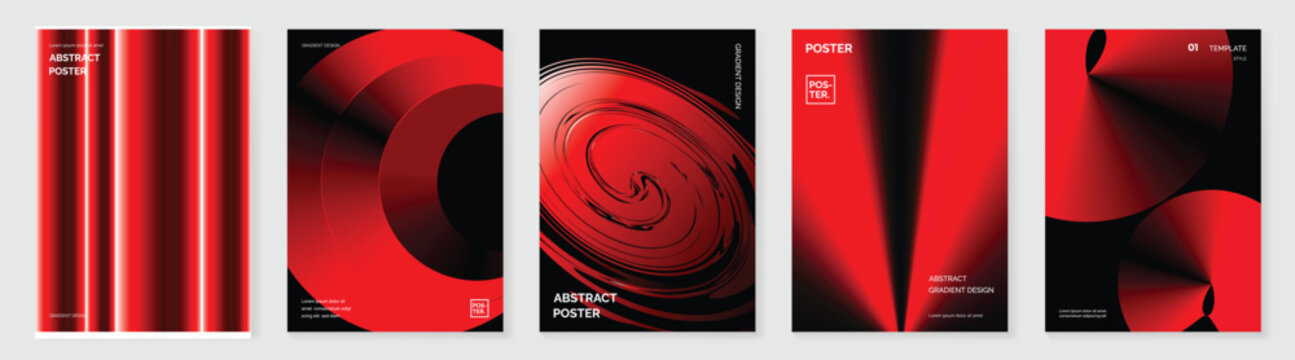 Abstract red black poster templates set. Vector modern gradient cover designs with circular waves, spiral vortex, light beams and folded geometric shapes