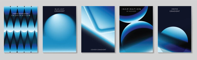 Fototapeta na wymiar Blue gradient cover templates vector set. Abstract dark poster designs with glowing stripes, concentric rings and 3D spheres for flyer, brochure and presentation layout.