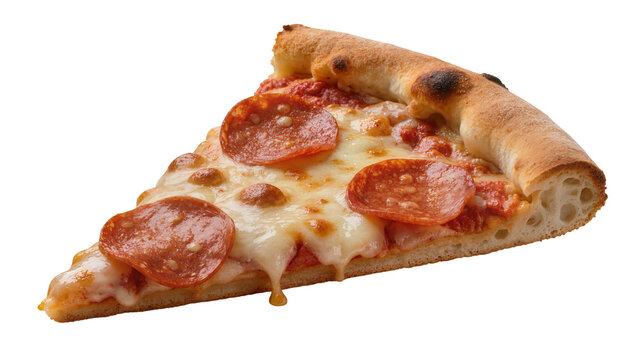 Isolated delicious slice of classic pepperoni pizza with melted cheese and a crispy crust.