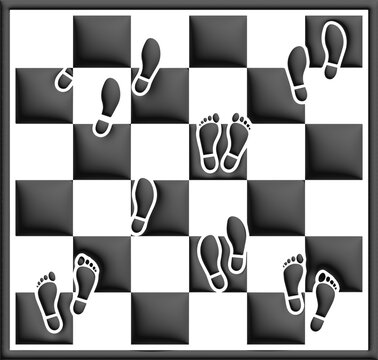 Surreal checkered floor with floating footprints, conceptual black and white tile pattern, artistic dance steps and movement metaphor