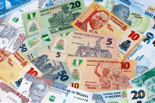 Nigerian naira money banknotes bunch on table. Nigeria bills of NGN currency close up
