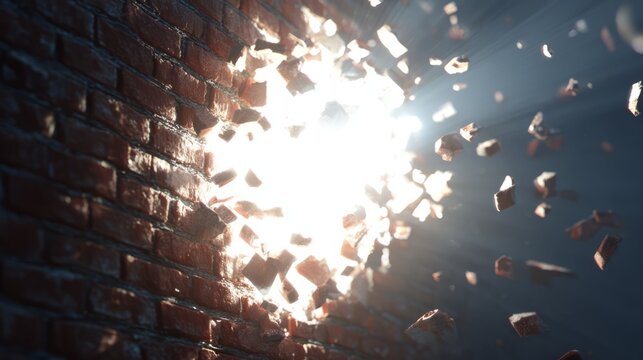 Exploding brick wall with bright light burst
