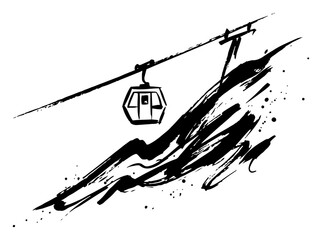 Cable car gondola lift ascending mountain slopes in expressive ink sketch style © Logan