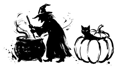 Witch stirring magic cauldron and black cat on pumpkin in hand drawn brush style © Logan
