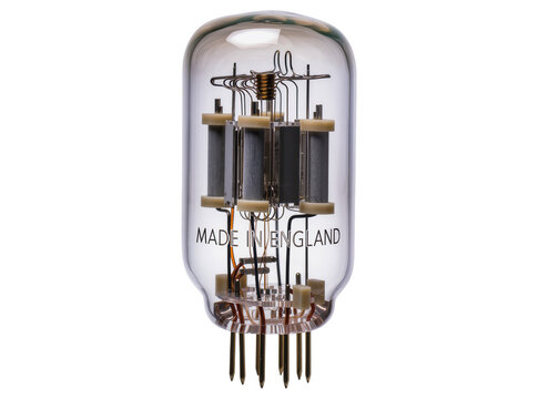 Isolated classic vintage clear glass vacuum tube electronic component, retro design element