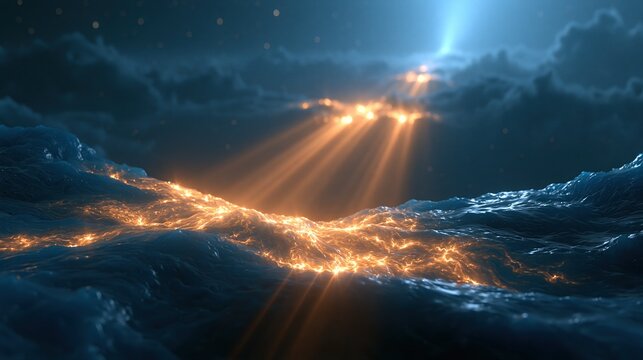 Dramatic Sunbeams Pierce Stormy Ocean Waves, Illuminating the Dark Water with Fiery Light