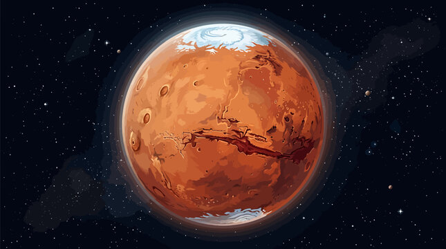 Red planet mars showing surface craters and polar ice caps in space