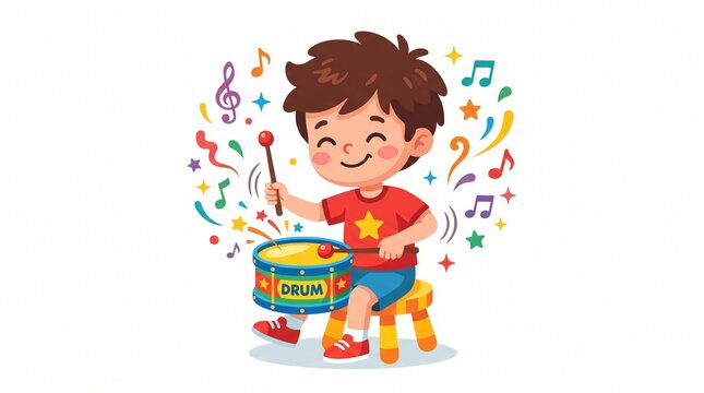 Smiling cartoon boy in a red star shirt and blue shorts playing a colorful toy drum. Music notes, stars, and sparkles burst around him as he sits on a striped stool.