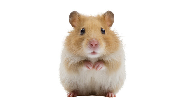 Isolated cute adorable golden hamster standing up on hind legs with folded paws