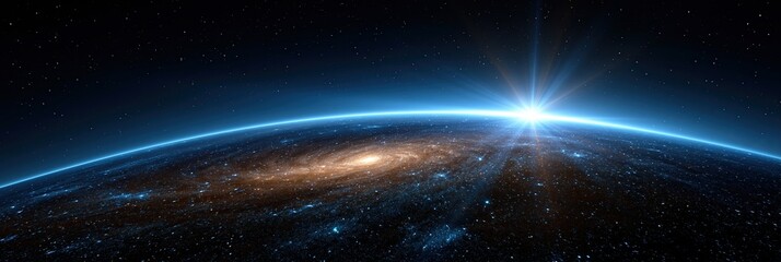 Sunrise over a swirling galaxy, illuminating a planets atmosphere and distant stars in a cosmic vista.