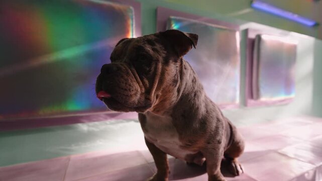 Adorable bulldog puppy in a colorful iridescent futuristic setting