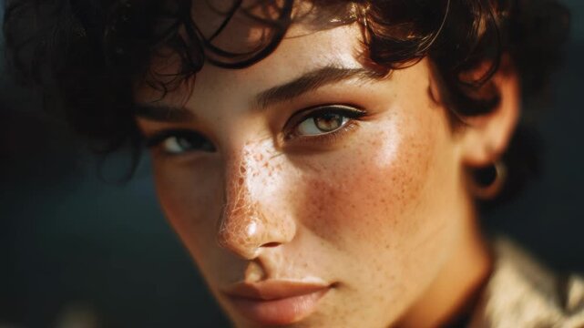 A young person with freckles on their face and shoulders, looking directly at the camera.