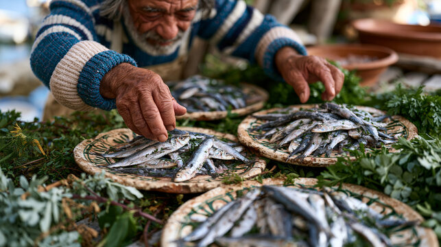 Sun-drenched Sicilian fishing village terrace where an elderly fisherman fillets fresh anchovies and sardines onto aged ceramic plates surrounded by wild herbs, capturing omega-3 fatty acid rich coa