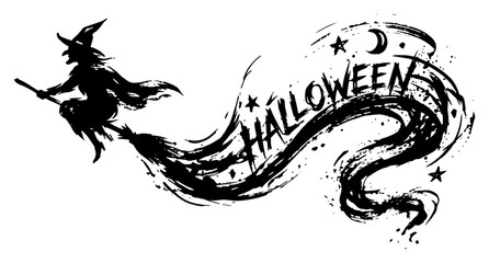 Witch flying on broom leaving magical Halloween text trail in expressive ink sketch style © Logan