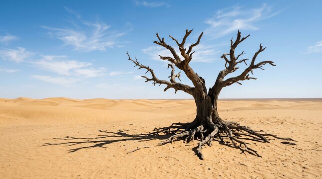 Dead tree in the middle of a vast desert landscape