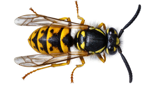 Isolated yellow and black striped wasp with transparent wings, detailed view from above