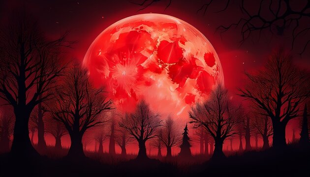 gloomy spooky forest trees landscape with red full moon and dark red night sky background