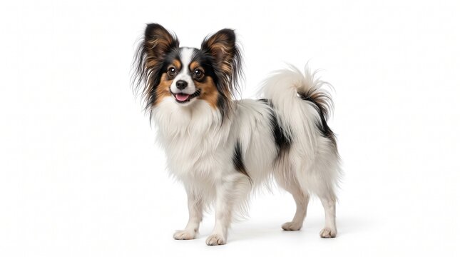Standing Tri Color Papillon Dog Portrait on White Background with Soft Lighting