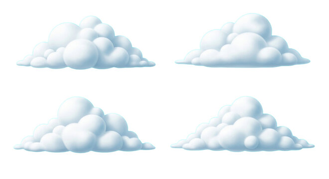 Set of Four Fluffy Cumulus Clouds Isolated on Transparent Background Cutout PNG