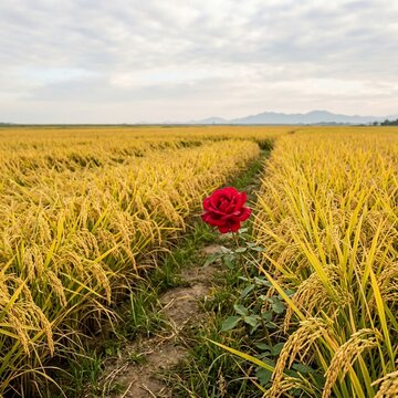 Single red rose in a golden rice field