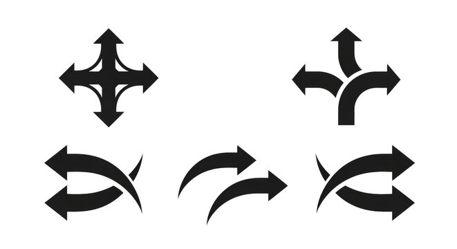 Set of Black Directional Arrows and Navigation Symbols on Transparent Background Cutout PNG