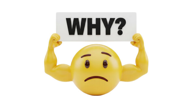 Emoji Character with Muscular Arms Holding a WHY? Sign, Expressing Confusion and Strength Cutout PNG