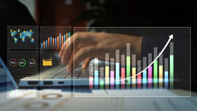 Businessman hands typing on a laptop with holographic data charts and graphs on the screen, Business analytics growth and digital work in a modern office 