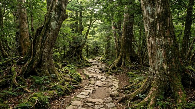 Stone path through a lush mossy forest
