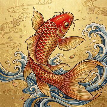 Traditional Japanese koi fish illustration with gold background