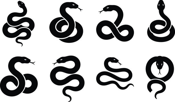 Snake black silhouette vector icon set featuring coiled and crawling serpents for wild reptile animal designs