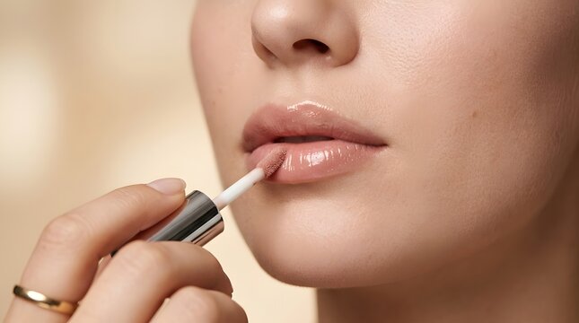 Natural Nude Lip Gloss Application Closeup Showcasing Hydrated Glossy Lips Beauty Makeup Elegance Finish