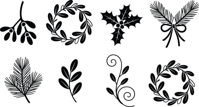 Christmas winter botanical foliage vector silhouette icon set featuring wreaths holly mistletoe pine branch and decorative swirls