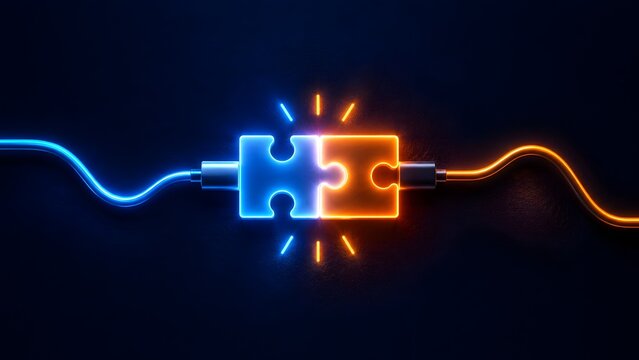 Futuristic technology network connection with glowing neon blue and orange puzzle pieces joining together