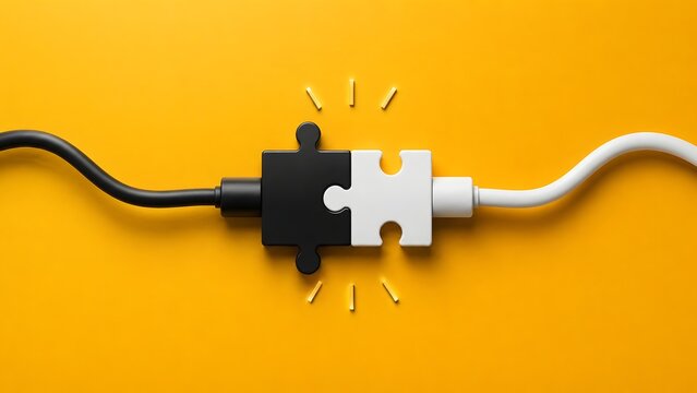 Strategic partnership and creative teamwork concept with connecting black and white puzzle pieces