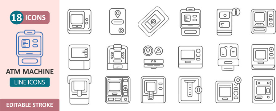 Set of atm machine line icons for banking and digital finance