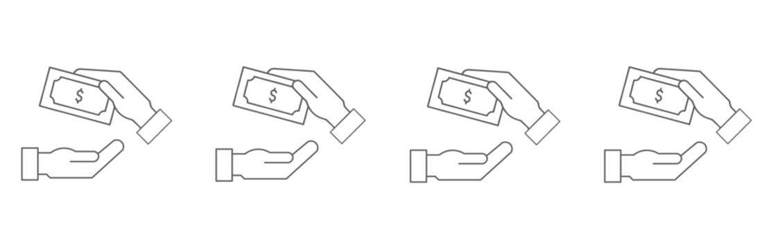 Hand paying with cash and receiving money outline icon set, exchange