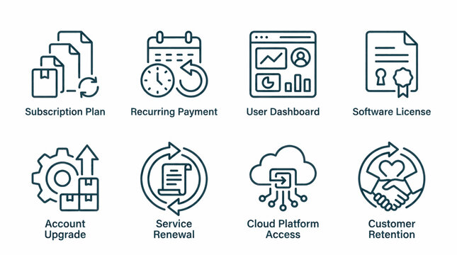 Vector icons illustrating various software and subscription business processes.
