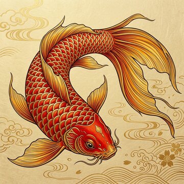 Golden koi fish illustration with traditional oriental patterns
