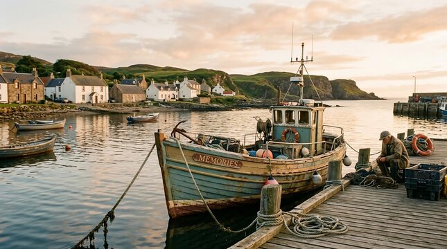 Old fisherman working on boat in Scottish coastal village