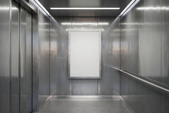 Modern stainless steel elevator interior with a large empty blank white poster frame for your advertisement mockup