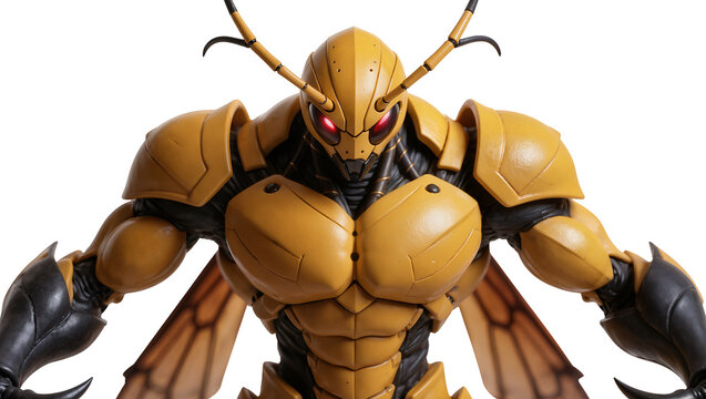 Isolated powerful yellow insectoid creature with glowing red eyes, menacing alien character design.